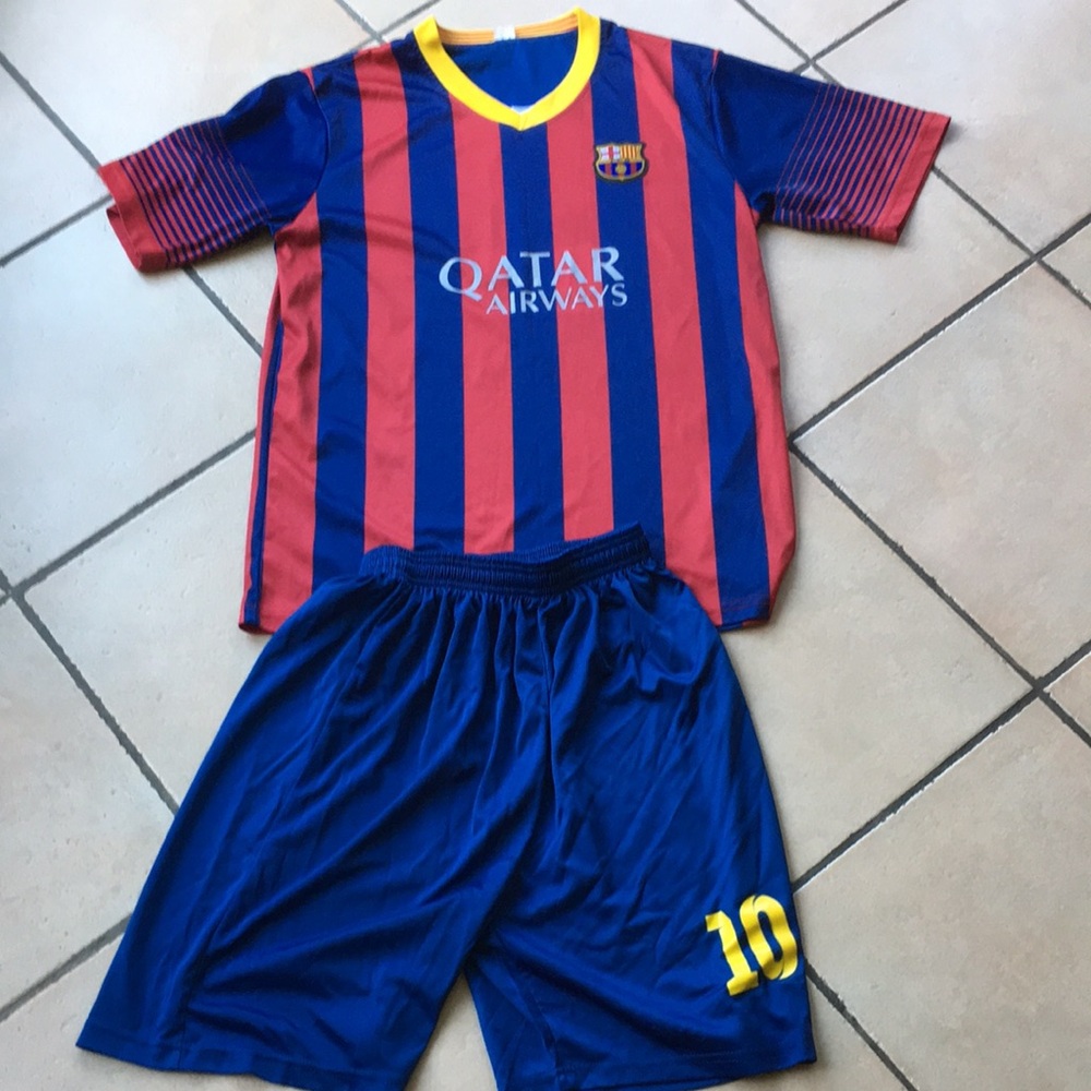 Like-new Messi FC Barcelona soccer jersey and shorts set